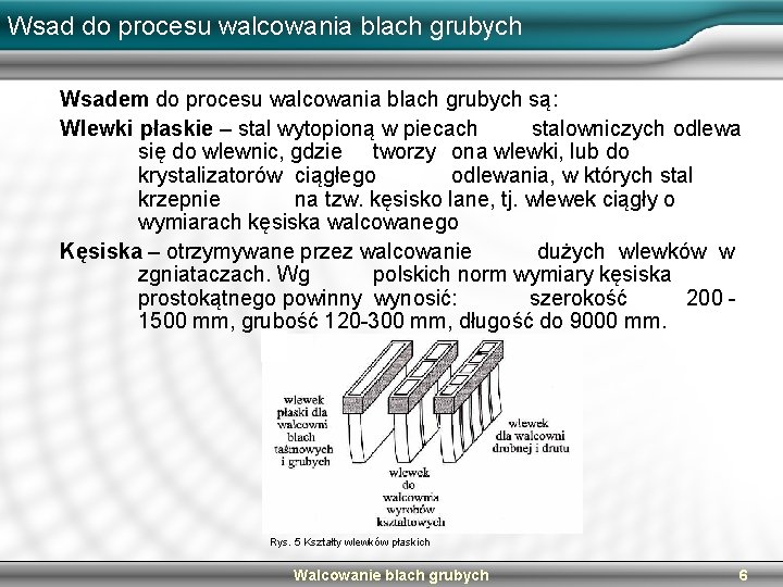 Wsad do procesu walcowania blach grubych Wsadem do procesu walcowania blach grubych są: Wlewki