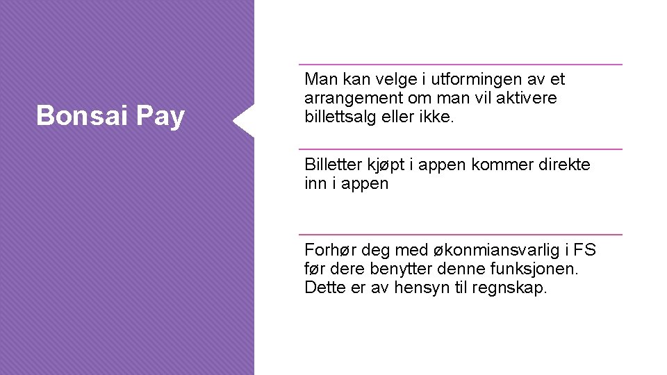 Bonsai Pay Man kan velge i utformingen av et arrangement om man vil aktivere