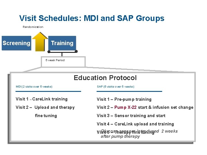 Visit Schedules: MDI and SAP Groups Randomization Screening Training ● ● 5 week Period
