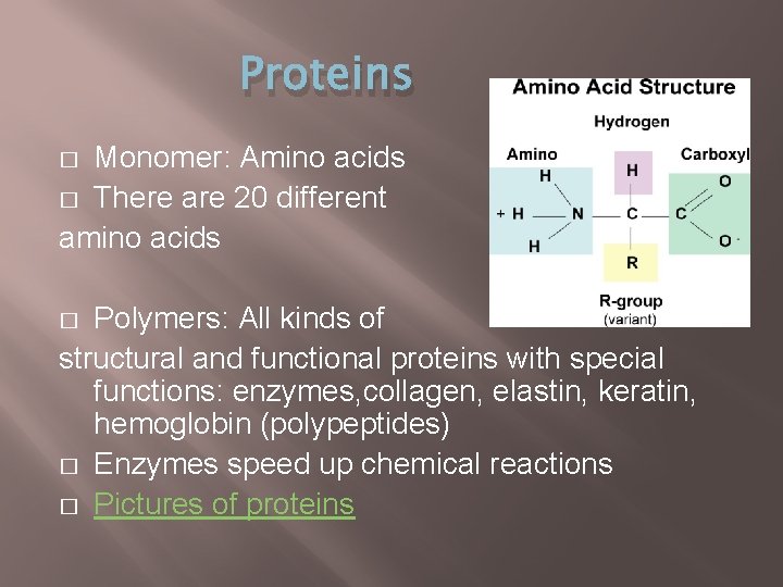 Proteins Monomer: Amino acids � There are 20 different amino acids � Polymers: All Proteins Monomer: Amino acids � There are 20 different amino acids � Polymers: All