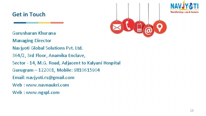 Get in Touch Gurusharan Khurana Managing Director Navjyoti Global Solutions Pvt. Ltd. 364/2, 3