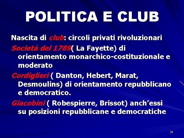 POLITICA E CLUB Nascita di club: circoli privati rivoluzionari Società del 1789( La Fayette)