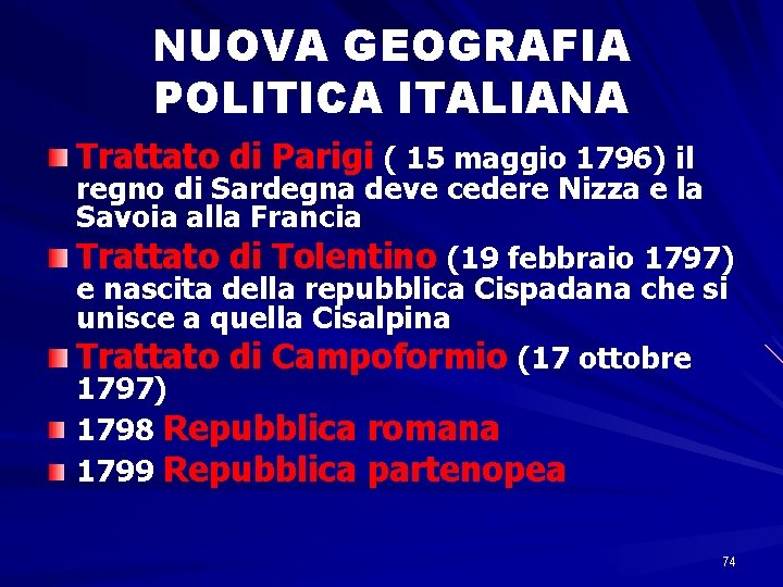 NUOVA GEOGRAFIA POLITICA ITALIANA Trattato di Parigi ( 15 maggio 1796) il regno di