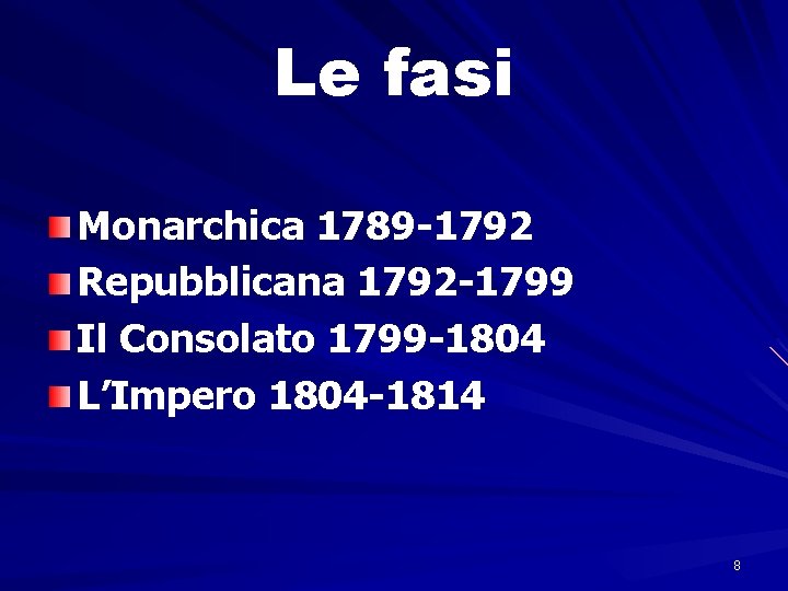Le fasi Monarchica 1789 -1792 Repubblicana 1792 -1799 Il Consolato 1799 -1804 L’Impero 1804