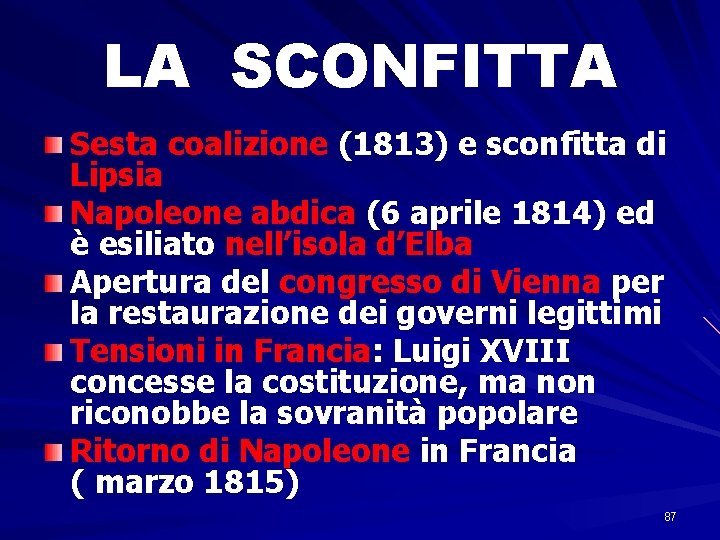 LA SCONFITTA Sesta coalizione (1813) e sconfitta di Lipsia Napoleone abdica (6 aprile 1814)