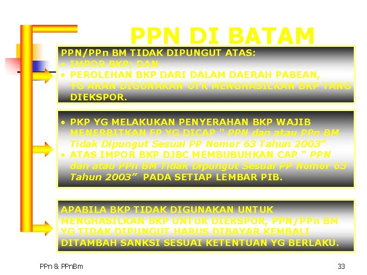 PPN DI BATAM PPN/PPn BM TIDAK DIPUNGUT ATAS: • IMPOR BKP; DAN • PEROLEHAN