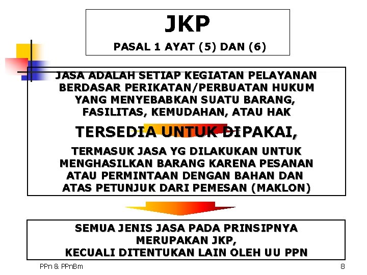 JKP PASAL 1 AYAT (5) DAN (6) JASA ADALAH SETIAP KEGIATAN PELAYANAN BERDASAR PERIKATAN/PERBUATAN