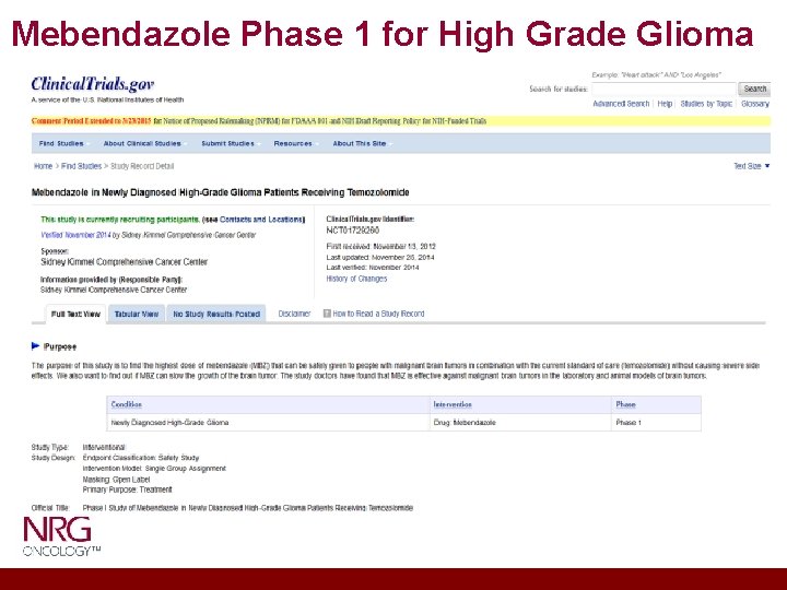 Mebendazole Phase 1 for High Grade Glioma 