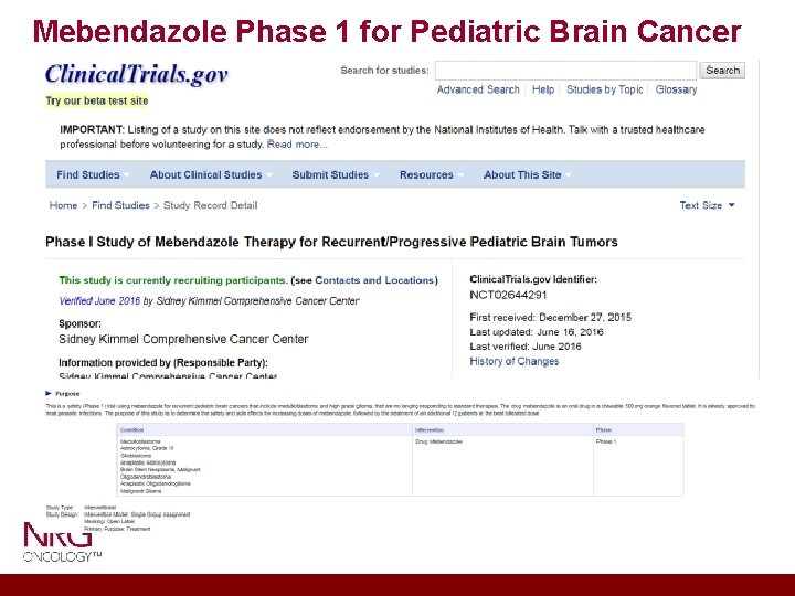 Mebendazole Phase 1 for Pediatric Brain Cancer 