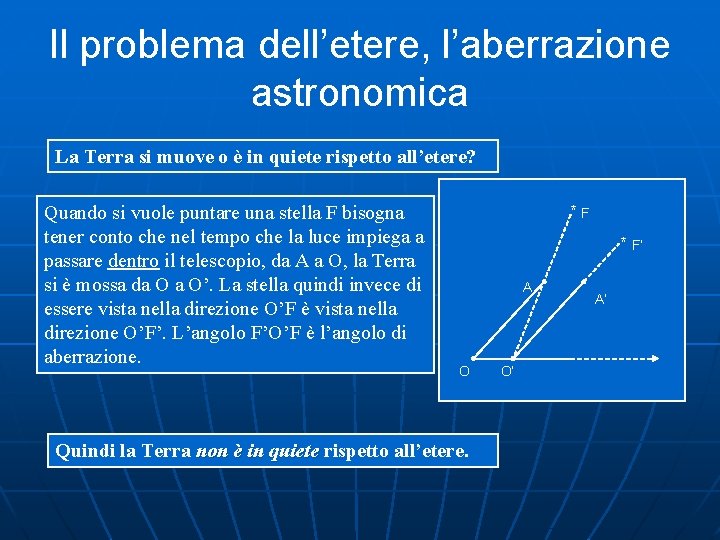 Il problema dell’etere, l’aberrazione astronomica La Terra si muove o è in quiete rispetto