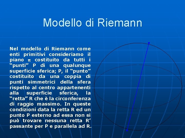 Modello di Riemann Nel modello di Riemann come enti primitivi consideriamo il piano costituito