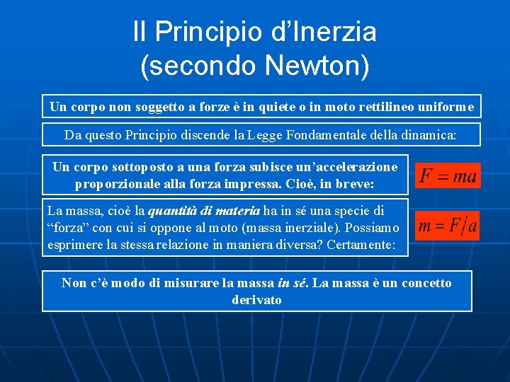 Il Principio d’Inerzia (secondo Newton) Un corpo non soggetto a forze è in quiete