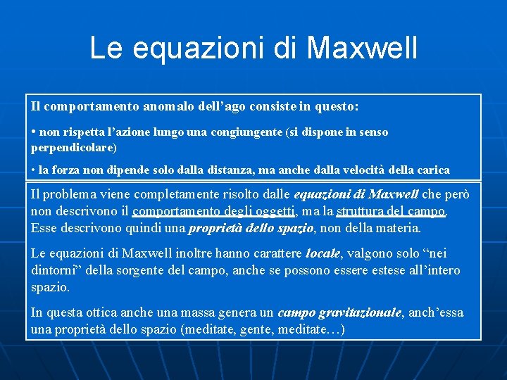 Le equazioni di Maxwell Il comportamento anomalo dell’ago consiste in questo: • non rispetta