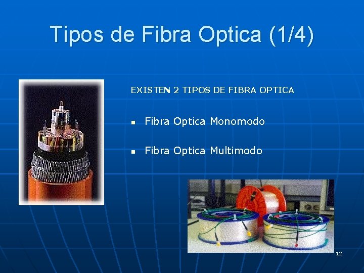 Tipos de Fibra Optica (1/4) EXISTEN 2 TIPOS DE FIBRA OPTICA n Fibra Optica