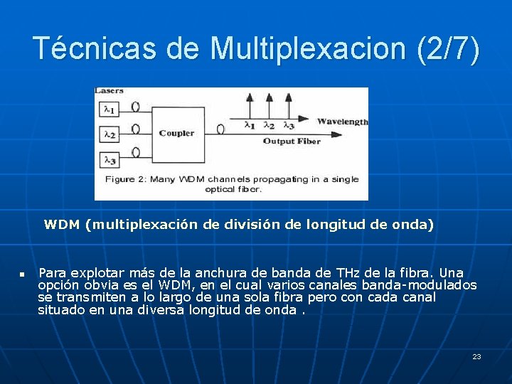 Técnicas de Multiplexacion (2/7) WDM (multiplexación de división de longitud de onda) n Para