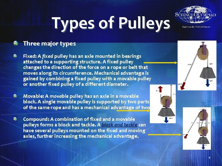 Types of Pulleys Three major types Fixed: A fixed pulley has an axle mounted