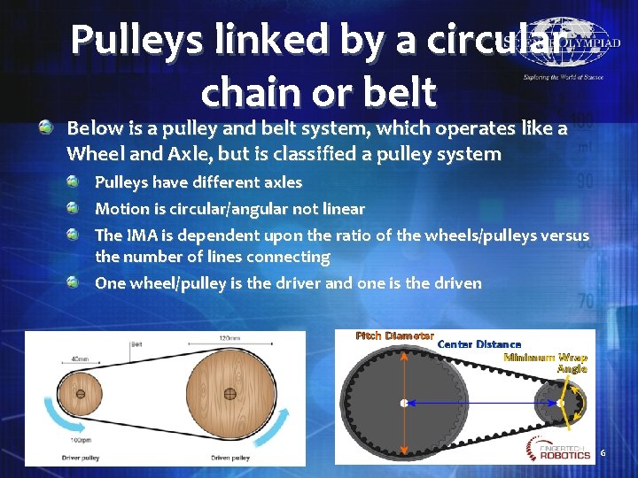 Pulleys linked by a circular chain or belt Below is a pulley and belt