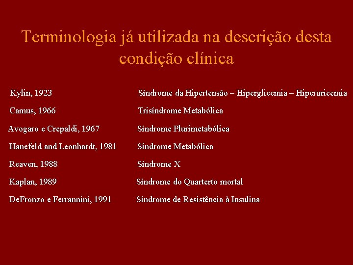 Terminologia já utilizada na descrição desta condição clínica Kylin, 1923 Síndrome da Hipertensão –