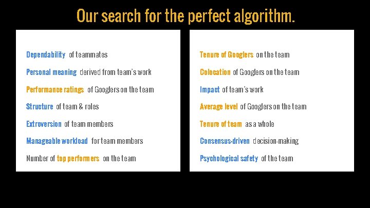Our search for the perfect algorithm. Dependability of teammates Tenure of Googlers on the