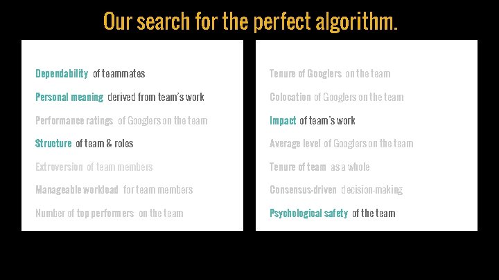 Our search for the perfect algorithm. Dependability of teammates Tenure of Googlers on the
