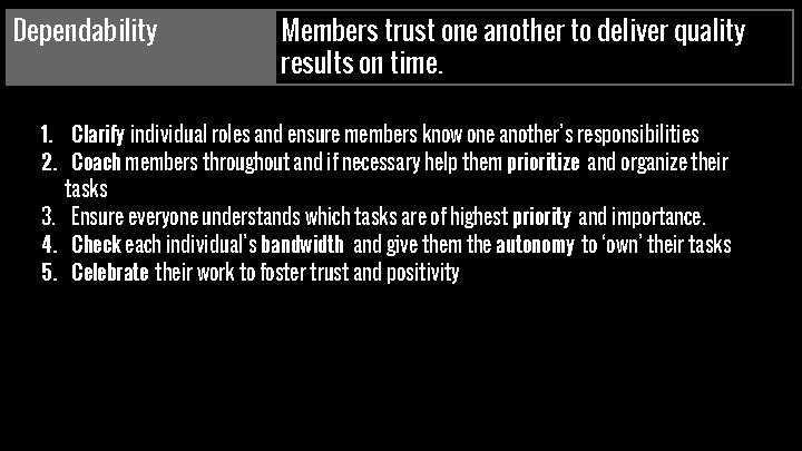 Dependability Members trust one another to deliver quality results on time. 1. Clarify individual