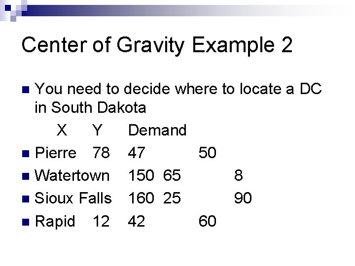 Center of Gravity Example 2 You need to decide where to locate a DC