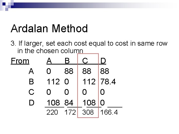 Ardalan Method 3. If larger, set each cost equal to cost in same row