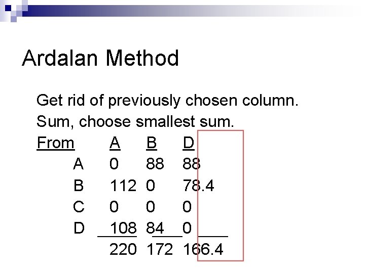 Ardalan Method Get rid of previously chosen column. Sum, choose smallest sum. From A