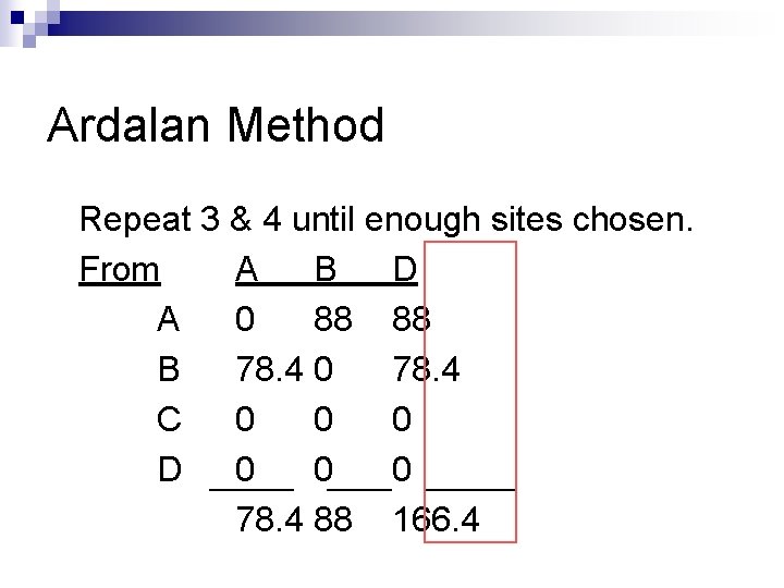 Ardalan Method Repeat 3 & 4 until enough sites chosen. From A B D