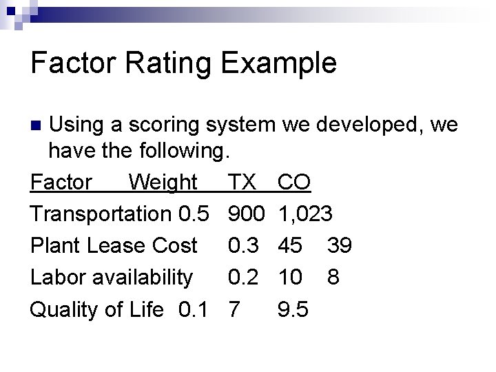 Factor Rating Example Using a scoring system we developed, we have the following. Factor