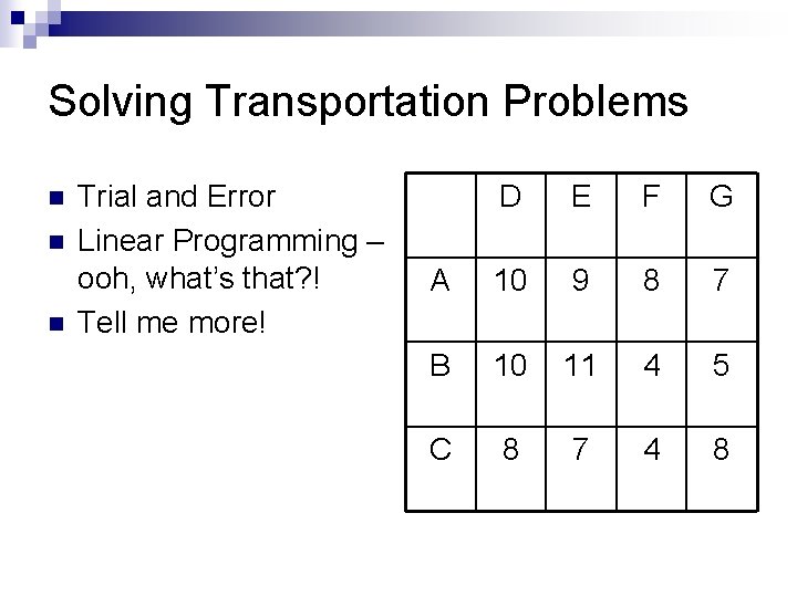 Solving Transportation Problems n n n Trial and Error Linear Programming – ooh, what’s