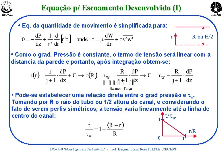 Equação p/ Escoamento Desenvolvido (I) MULTLAB UNICAMP • Eq. da quantidade de movimento é