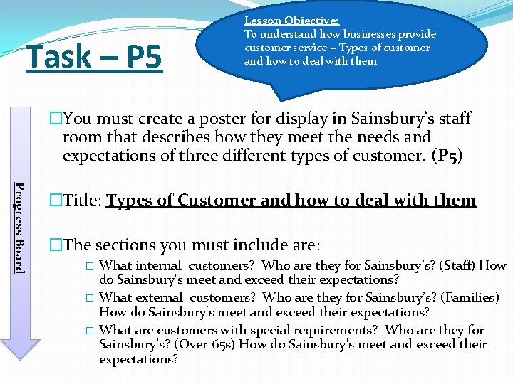 Task – P 5 Lesson Objective: To understand how businesses provide customer service +