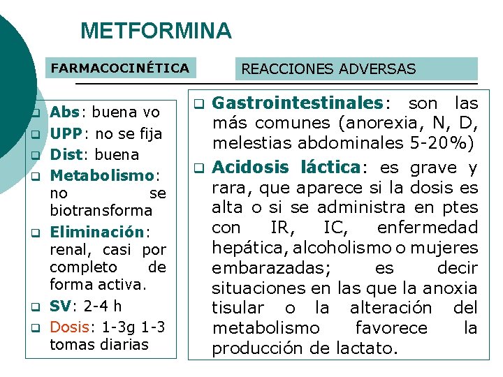 METFORMINA REACCIONES ADVERSAS FARMACOCINÉTICA q q q q Abs: buena vo UPP: no se