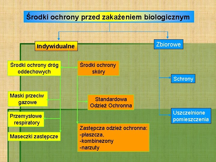 Środki ochrony przed zakażeniem biologicznym Zbiorowe Indywidualne Środki ochrony dróg oddechowych Środki ochrony skóry