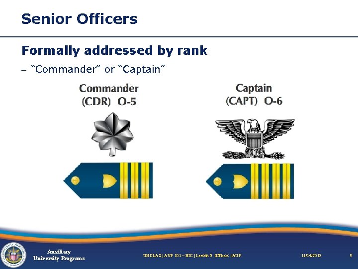 Senior Officers Formally addressed by rank – “Commander” or “Captain” Auxiliary University Programs UNCLAS