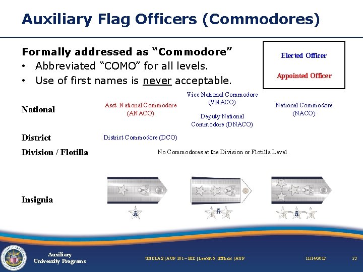 Auxiliary Flag Officers (Commodores) Formally addressed as “Commodore” • Abbreviated “COMO” for all levels.