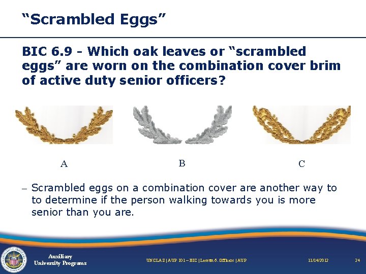 “Scrambled Eggs” BIC 6. 9 - Which oak leaves or “scrambled eggs” are worn