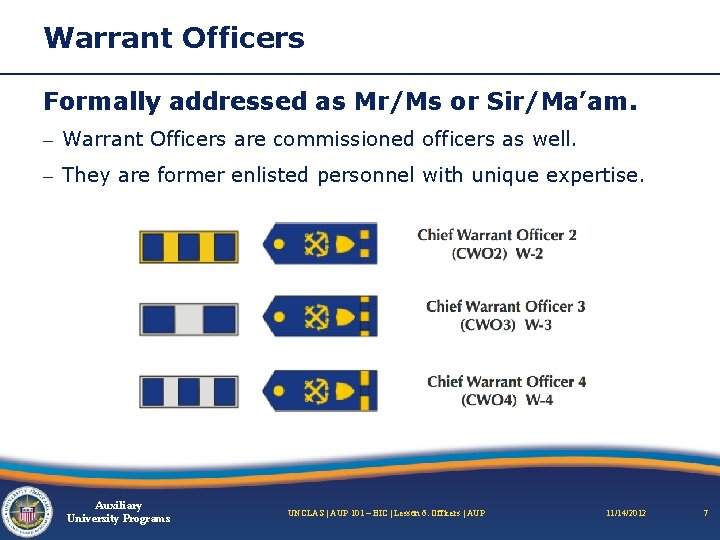 Warrant Officers Formally addressed as Mr/Ms or Sir/Ma’am. – Warrant Officers are commissioned officers