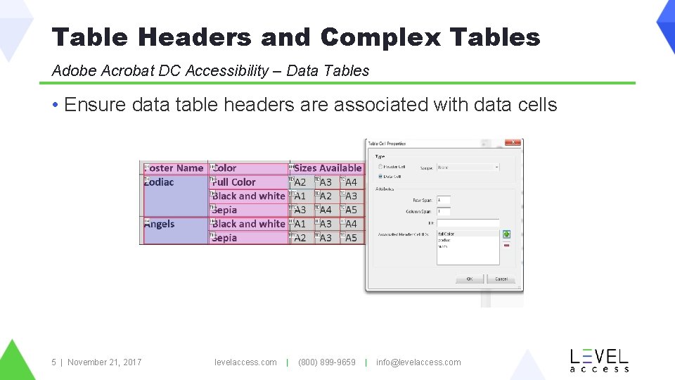 Table Headers and Complex Tables Adobe Acrobat DC Accessibility – Data Tables • Ensure