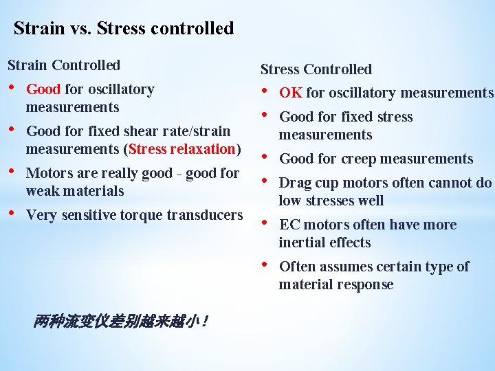 Strain vs. Stress controlled Strain Controlled • • Good for oscillatory measurements Good for