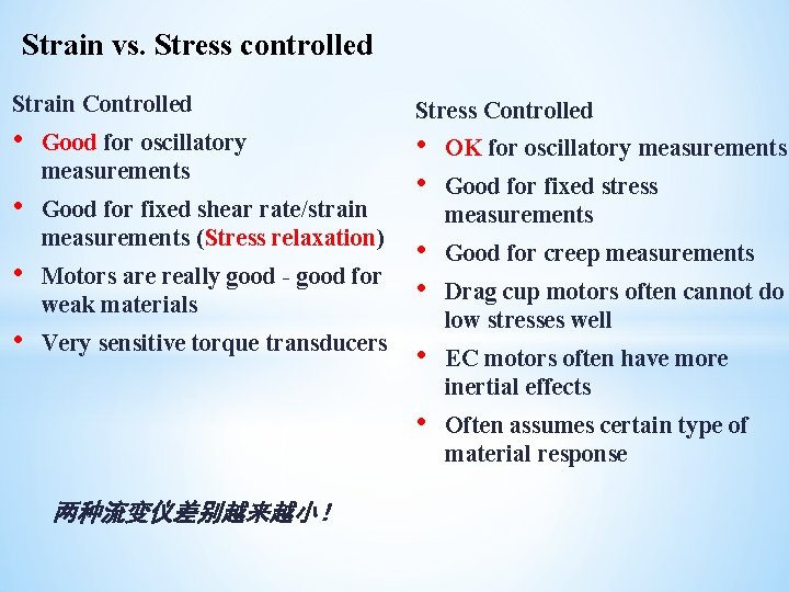 Strain vs. Stress controlled Strain Controlled • • Good for oscillatory measurements Good for Strain vs. Stress controlled Strain Controlled • • Good for oscillatory measurements Good for