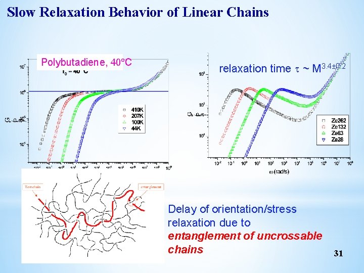 Slow Relaxation Behavior of Linear Chains Polybutadiene, 40 C relaxation time t ~ M