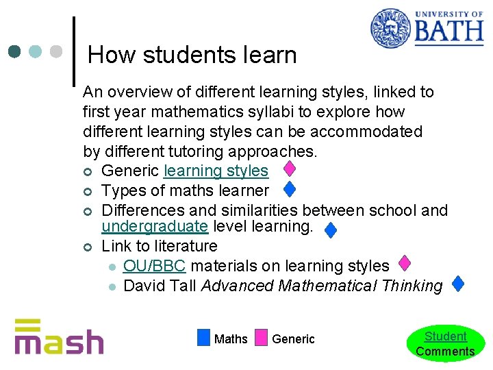 How students learn An overview of different learning styles, linked to first year mathematics