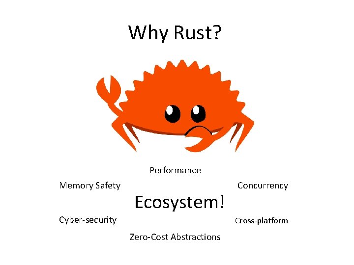 Why Rust? Performance Memory Safety Cyber-security Ecosystem! Concurrency Cross-platform Zero-Cost Abstractions 