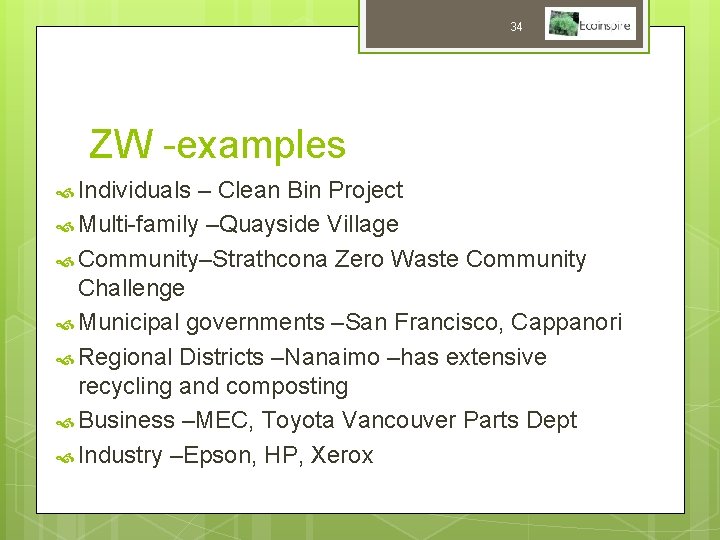 34 ZW -examples Individuals – Clean Bin Project Multi-family –Quayside Village Community–Strathcona Zero Waste