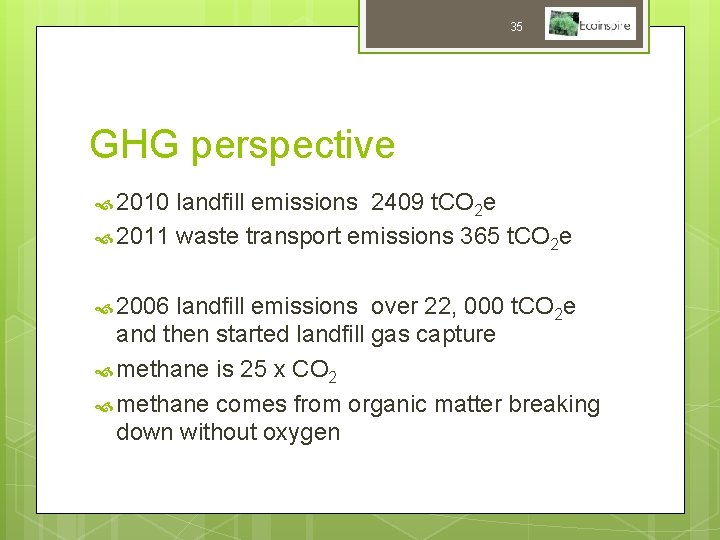 35 GHG perspective 2010 landfill emissions 2409 t. CO 2 e 2011 waste transport