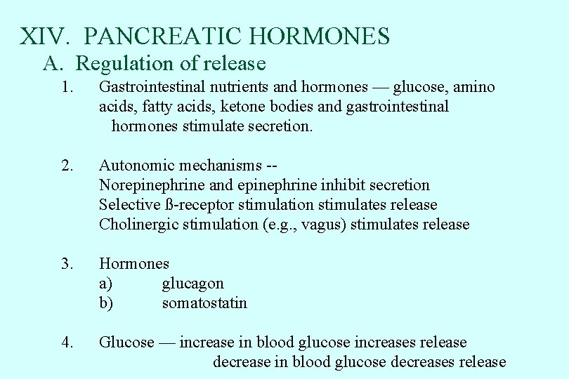 XIV. PANCREATIC HORMONES A. Regulation of release 1. Gastrointestinal nutrients and hormones — glucose,