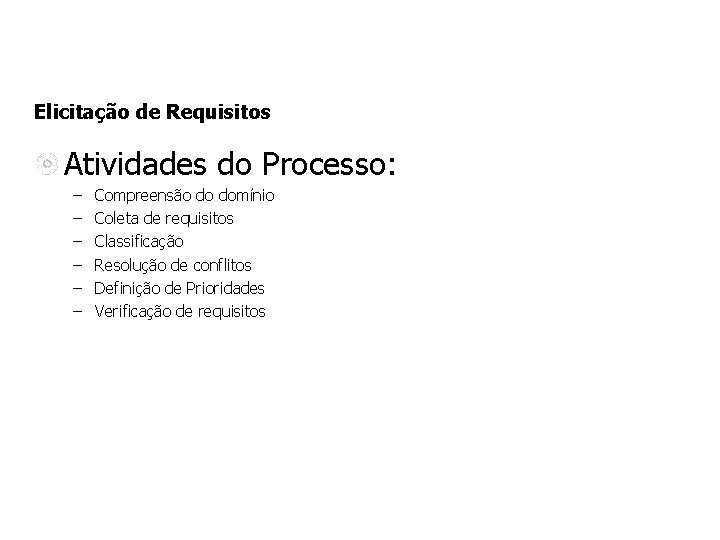 Elicitação de Requisitos Atividades do Processo: – – – Compreensão do domínio Coleta de Elicitação de Requisitos Atividades do Processo: – – – Compreensão do domínio Coleta de