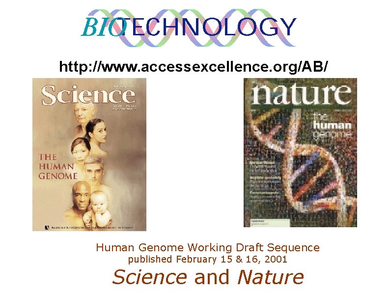 http: //www. accessexcellence. org/AB/ Human Genome Working Draft Sequence published February 15 & 16,